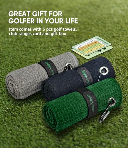 Microfiber Golf Towel Set - 3 Colors with Carabiners, 16" x 16" - Black, Grey, Green