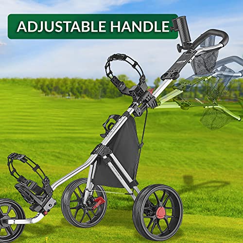 Lightweight Golf Push Cart - Aluminum 3-Wheel Foldable - Silver