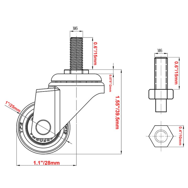 NERILEE 4-Pack 1 Inch M6x 15mm Swivel Caster Wheels with Mini Threaded Stem Small Tiny Shopping Cart Wheel Rubber TPE Perfect Caster Set for Small Furniture and Equipment