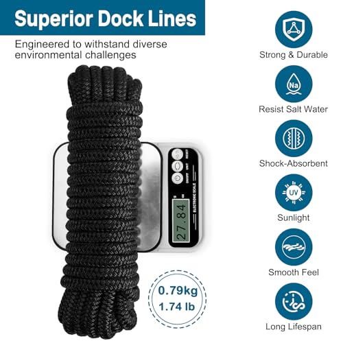 4 Pack 1/2" x 25' Dock Lines, Improved Nylon Boat Ropes, Black