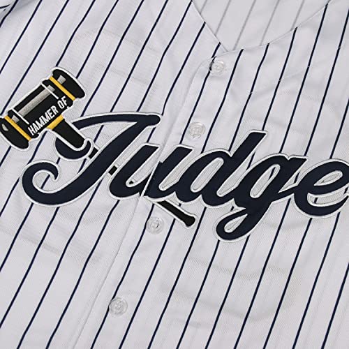 Men's Medium White 99 Baseball Jersey with Embroidered Patches & Navy Stripes