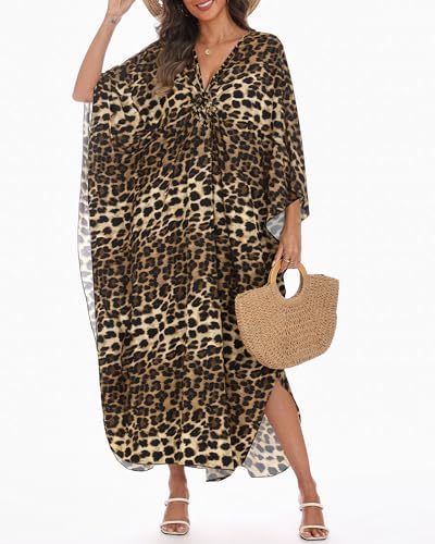 Bsubseach Women's Leopard Print Kaftan Dress Plus Size Beach Coverup