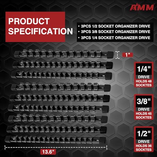 AMM 9-Piece Socket Organizer, 1/2 inch, 3/8 inch and 1/4 inch Drive ABS Tools-Black Socket Holder,Heavy Duty Socket Racks, Premium Quality Socket Clip Rail Holder,The best tool trays in the garage