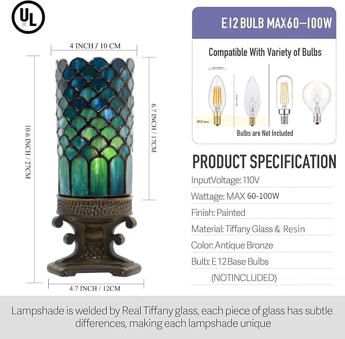 LXHCYOU Small Tiffany Lamp Mini Stained Glass Table Lamp Candle Desk Night Light Bronze Resin Base 4" D x 4" W x 10.5" H (Fishscale Style)