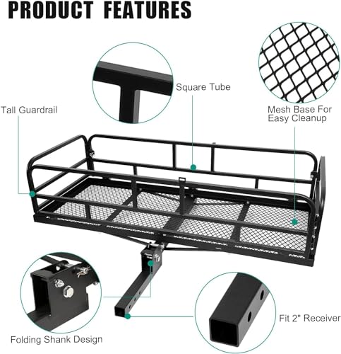 Folding Hitch Cargo Carrier - 60x24x14 Inch, 500 lbs Capacity