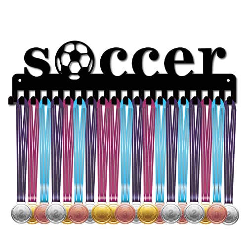 Soccer Medal Holder Display Rack with 20 Hooks - Wall Mount Medal Hanger for Sports & Gymnastics - Variation Soccer-008