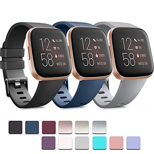 3 Pack Soft Silicone Adjustable Sport Bands for Fitbit Versa - Black, Blue, Grey, Small