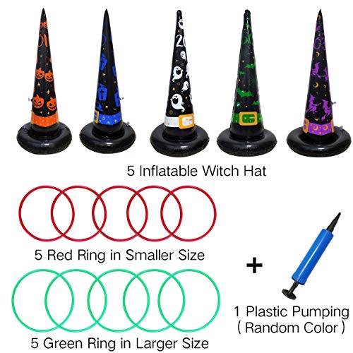 Inflatable Witch Hat Ring Toss Game 5-Pack with Pump - Halloween Party Toss Games for Kids & Adults