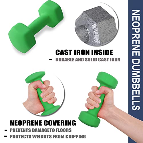 Balelinko 2lb Hexagon Dumbbells - Green Non-Slip Neoprene Hand Weights for Yoga & Fitness