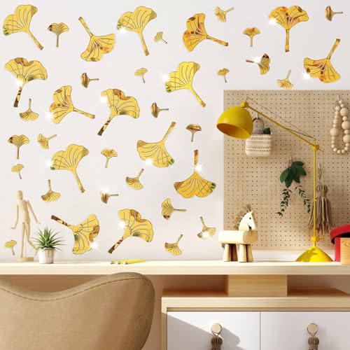 Golden Wall Decals Peel and Stick Golden Leaves Wall Stickers Modern Leaf Vinyl Wall Decals Living Room Abstract Flower Walls Sticker Nordic Plant Walls Art Murals for Bedroom Bathroom Kitchen Decor