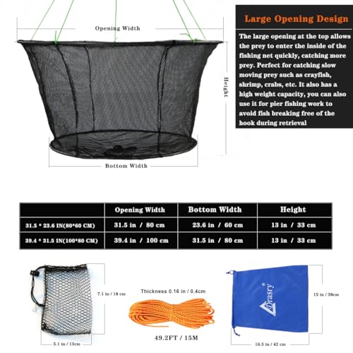 Drasry Collapsible Fishing Net 39.4x31.5in Rubber-Coated Bait Trap for Crayfish Crab Lobster Minnow Shrimp