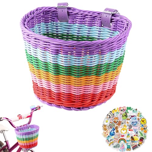 Rainbow Hand-Woven Oval Kids Bike Basket with Leather Straps