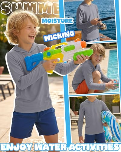 Boys Long Sleeve Rash Guard Hoodie UPF50+ - Gray, 7-8 Years