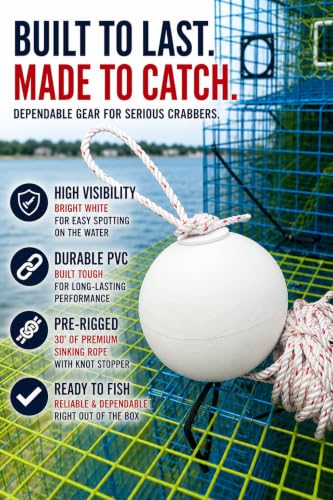 OceanBuilt 6" White PVC Fishing Marker Buoy with 30 ft Sinking Rope – Crab/Lobster Pot Traps