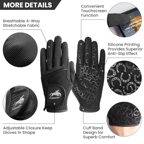 Horse Riding Gloves for Women - Extra Grip, Breathable, Medium - Black