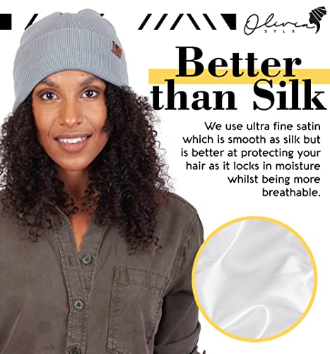 Satin Lined Beanie for Women - Cuffed Silk Winter Hat - Light Gray