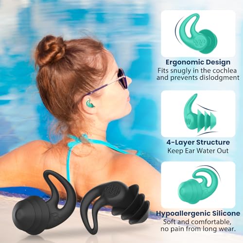 Swimming Ear Plugs - 4 Pairs Silicone Earplugs in Black, Blue, Yellow, Green