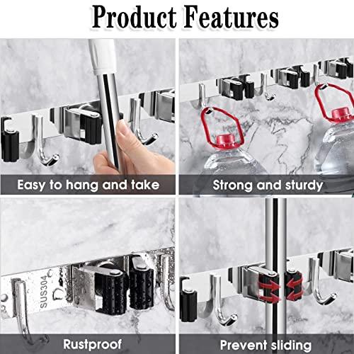 2 Pack Mop and Broom Holder Wall Mount, 5 Racks and 4 Hooks Broom Organizer Storage Tool Racks Stainless Steel Heavy Duty Hooks Self Adhesive Solid Non-slip for Home Kitchen Garden Laundry Garage