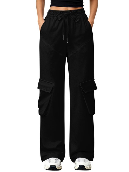 LIFAky Baggy Sweatpants for Girls Wide Straight Leg Pants with Pockets and Decorative Line Drawstring Waist Athletic Joggers for Teen 11-12Y Black