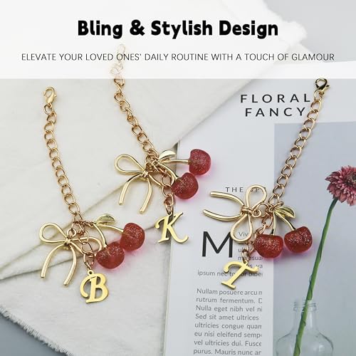 Initial Letter Charm for Tumbler Handle with Gold Bow and Red Cherries - J