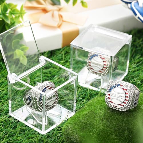 Championship Trophy Rings Set - 12 Silver Baseball Rings with Display Case