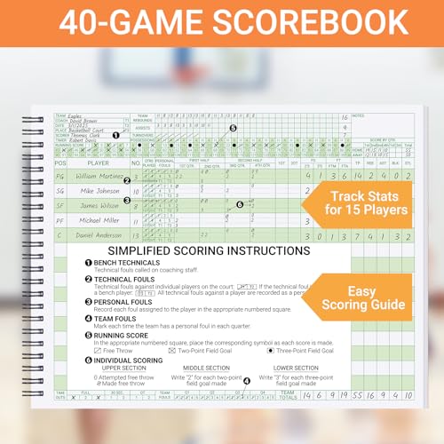 Suituts 8.5x11 In Basketball Scorebook for 40 Games - Side by Side Stats Tracking, High School & League Use, 1 Pack