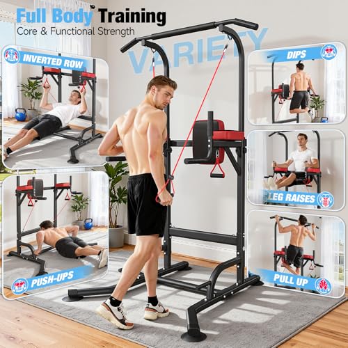 Multi-Function Pull Up Bar Power Tower - Height Adjustable, Black Red