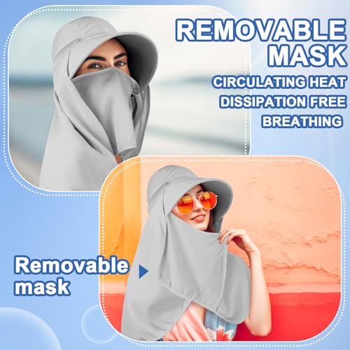 Women’s Sun Hat with Neck Flap - Grey - Detachable Face Mask