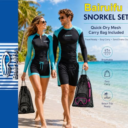 Snorkeling Gear for Adults 2-Pack - Anti-Fog & Breath-Free Dry Snorkel with Quick-Dry Bags (Black & Rose)