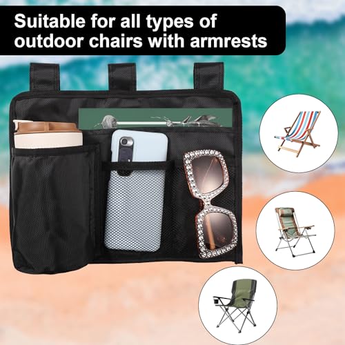 Lasuroa Black Nylon Beach Chair Cup Holder with 4 Pockets, Adjustable Strap