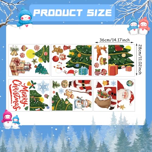 Christmas Wall Decals Removable - Winter Peel and Stick Window Clings, 6-Sheet Set with Snowman, Santa Claus, Large Christmas Tree Designs for Home, Office, Bedroom, Living Room, Party Winter Decor