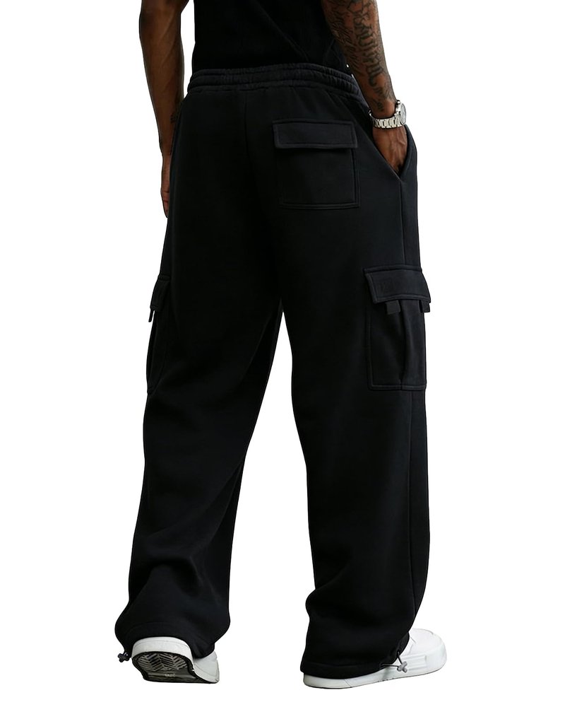 PIDO YOGA Men's Cargo Sweatpants Cotton Fleece Loose Fit Casual Jogging Hiking Pants Open Bottom Sweatpants for Men Athletic Workout with Pockets,Black