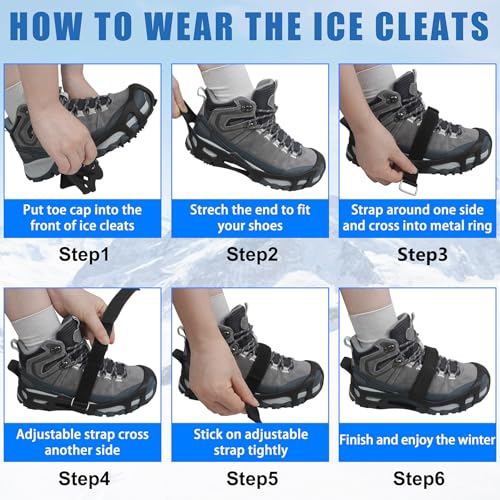 Ice Cleats with Straps - Non-Slip Traction Crampons for Winter - Large (Men 7.5-9.5/Women 9-11)