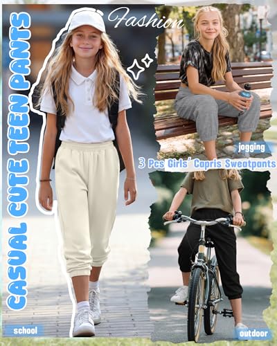 Girls' Capris Sweatpants - 3 Pcs Set, Black + Light Heather Gray + Ivory, 11-12 Years