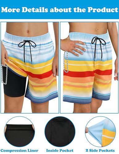 Sarfel Boys Swim Trunks with Compression Liner - Kids Board Shorts, Quick Dry, 14-16 Years, Blue Red Orange Stripes