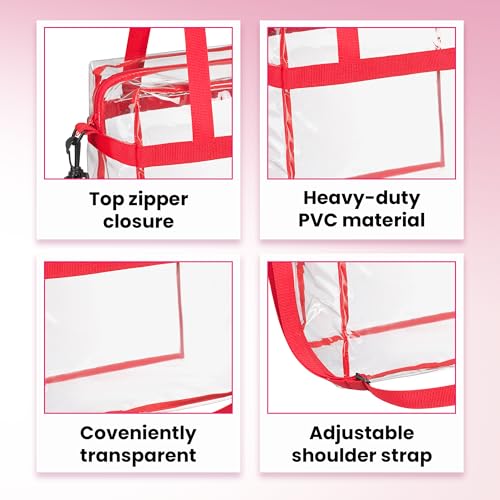 Clear Stadium Approved Tote Bag with Zipper Strap - Red