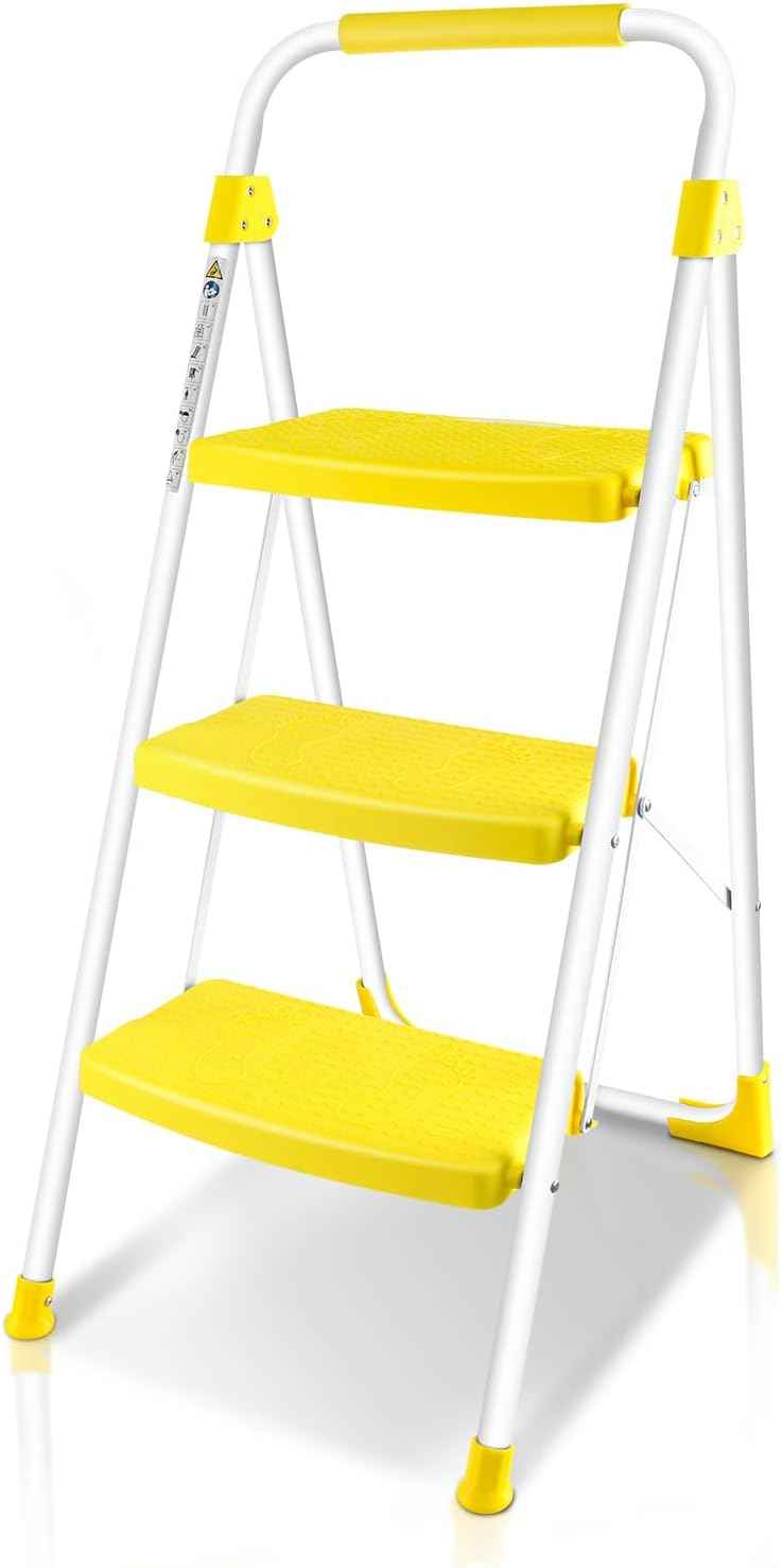Portable 3-Step Folding Ladder - Sturdy Steel Step Stool with Anti-Slip Pedal & Handgrip, 500lbs Capacity for Home & Office