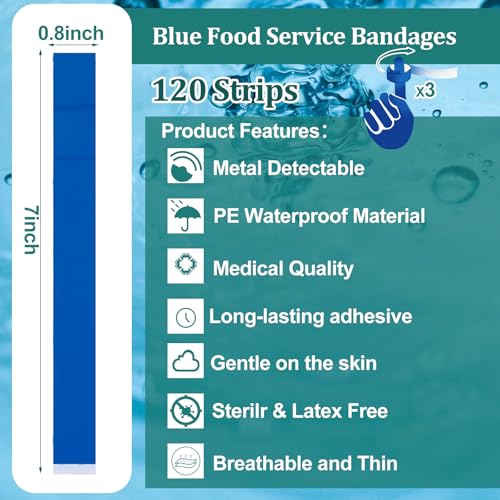 Geiserailie 120 Pcs Blue Metal Bandages 0.8" x 7" Slender Food Industry Safe
