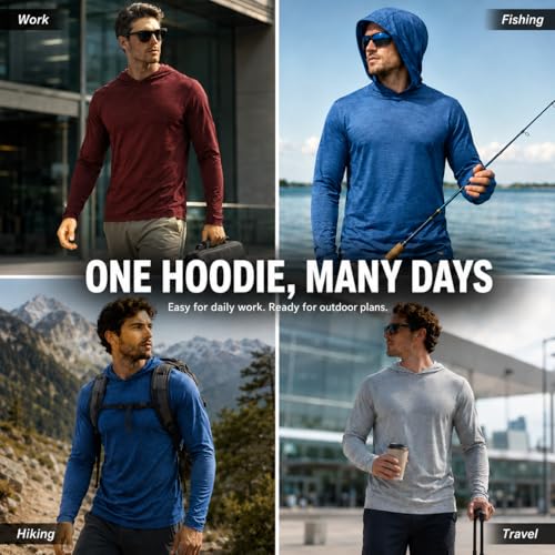 OYGSieg 4 Pack Men's UPF50+ Sun Hoodies & Fishing Rash Guards - Large, Black/Blue/Grey/Red