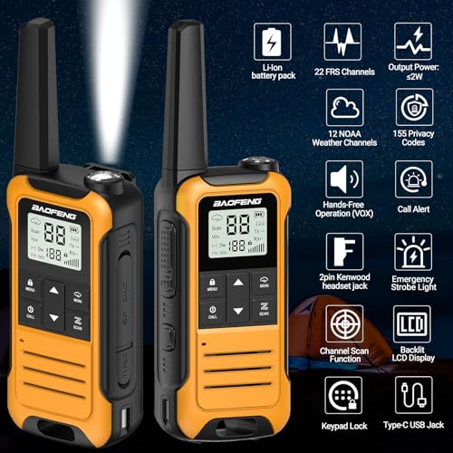 Baofeng F22 Long Range Walkie Talkies for Adults, Rechargeable Two-Way Radio with Flashlight, NOAA Weather Alert, USB-C Charge, Yellow Black Blue LGreen