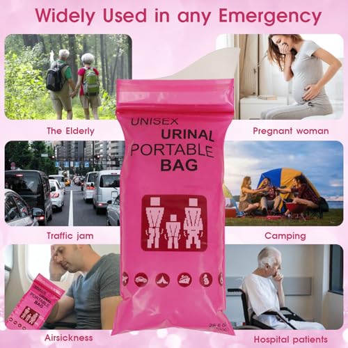 Pink Disposable Urine Bags with Absorbent Pad 24 Pack - Travel & Emergency Use