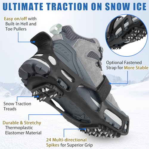 Ice Cleats with Straps - Non-Slip Traction Crampons for Winter - Large (Men 7.5-9.5/Women 9-11)