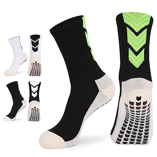 Anti-Slip Athletic Soccer Socks - Youth & Mens - 3 Pairs - Black/White/Green