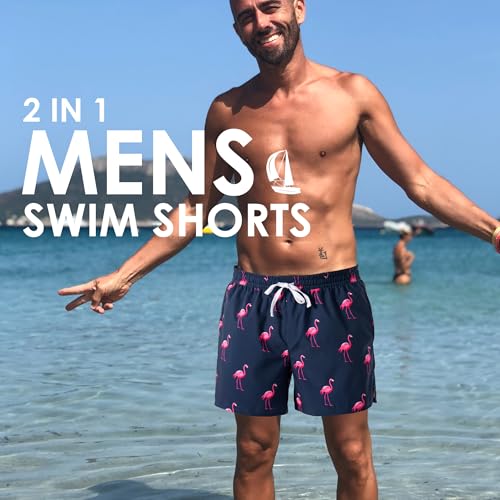 Men's 2-in-1 Swim Trunks Quick Dry Beach Shorts with Pockets - Shark Pink, Small