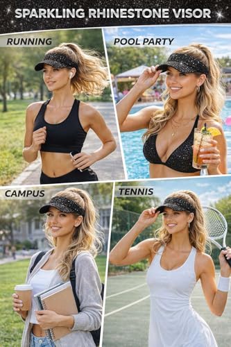 YeeSupe Women's Black Rhinestone Sun Visor Hat - Adjustable Summer Beach Cap