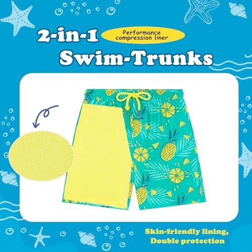 Boys Swim Trunks with Compression Liner - Neon Pineapple, 10-12 Years