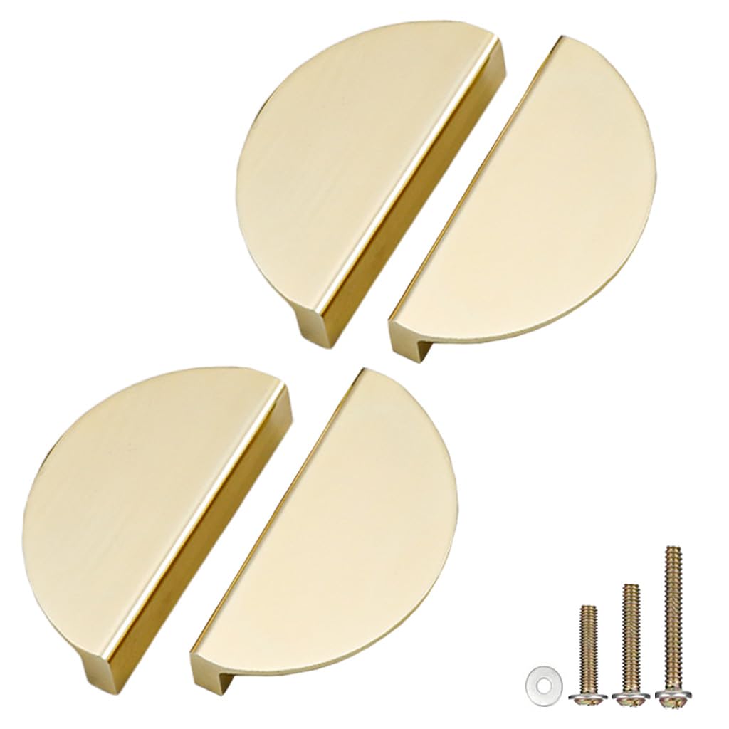 ESreake Half Moon Cabinet Pulls Handles,4 Pack 2.52" Hole Spacing Semicircle Drawer Pulls, Finger Pulls Edge Pulls Handles for Kitchen Cabinets with 3 Kinds Screws (4 Pack, Gold)