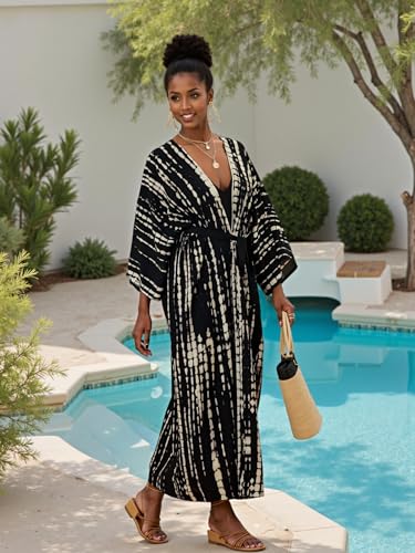Women’s Colorful Kimono Cover Up Long Beach Dress One Size Black-Beige-Yellow