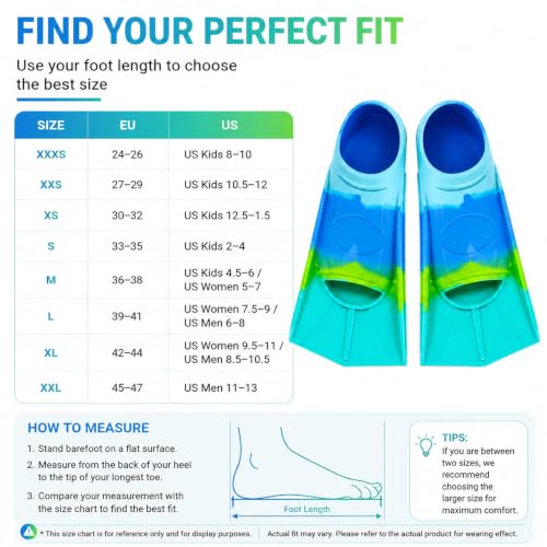 Kids Swim Fins Short Blade Pool Training Flippers for Children Blue/Green XXS US Kids 11.5-13