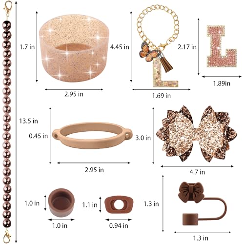 9PCS Bling Brown Stanley Cup Accessory Set - Letter L